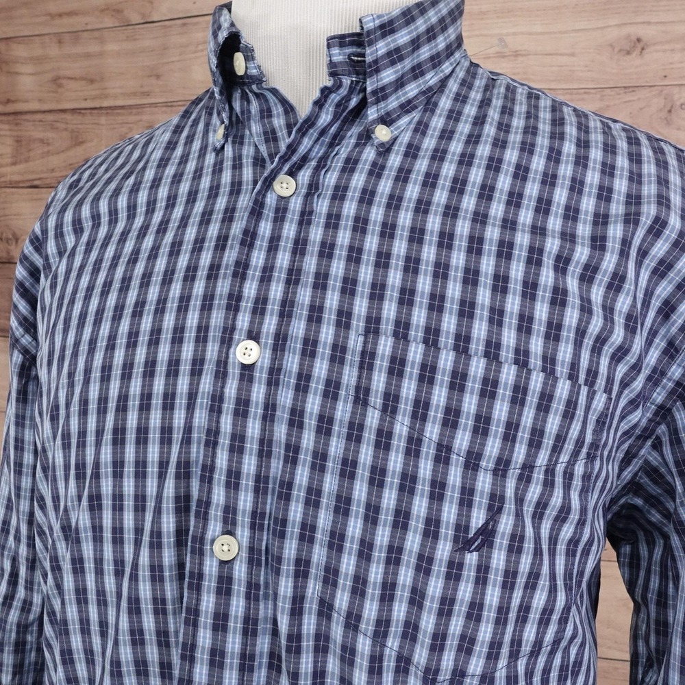Nautica Shirt Mens L Blue Plaid Long Sleeve Button-Up 80's Two-Ply Cotton - Picture 2 of 8